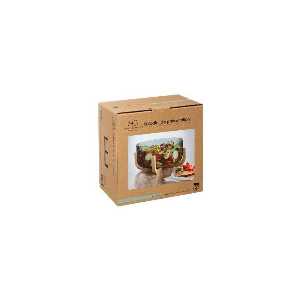 Bol salata Kathya, sticla, suport lemn, 28 x 14 cm