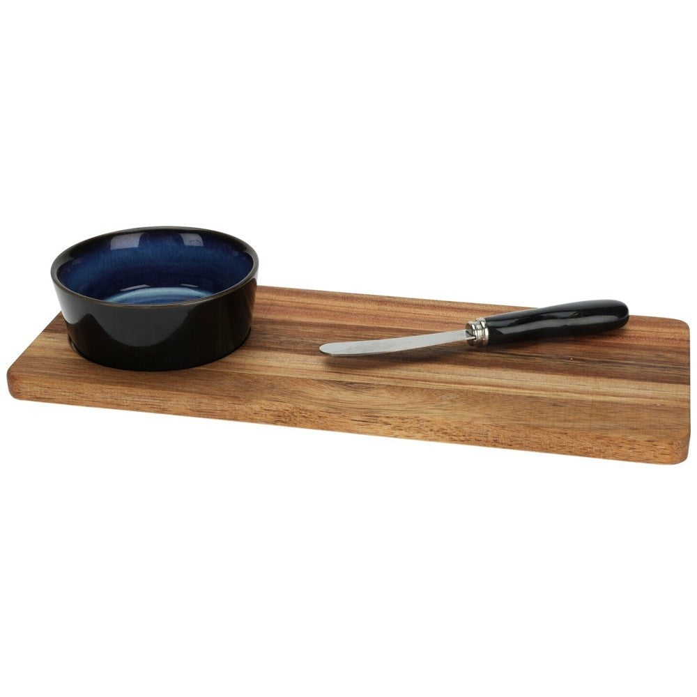 Set servire Cholet, platou lemn 300 x 120 cm, cutit, bol ceramica 9 x 3.3 cm