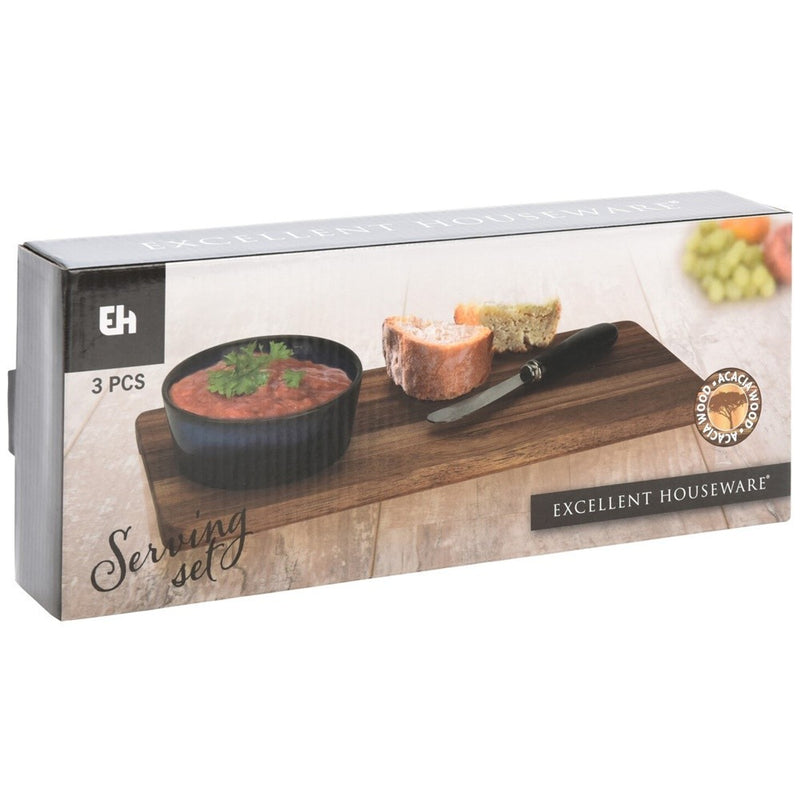 Set servire Cholet, platou lemn 300 x 120 cm, cutit, bol ceramica 9 x 3.3 cm