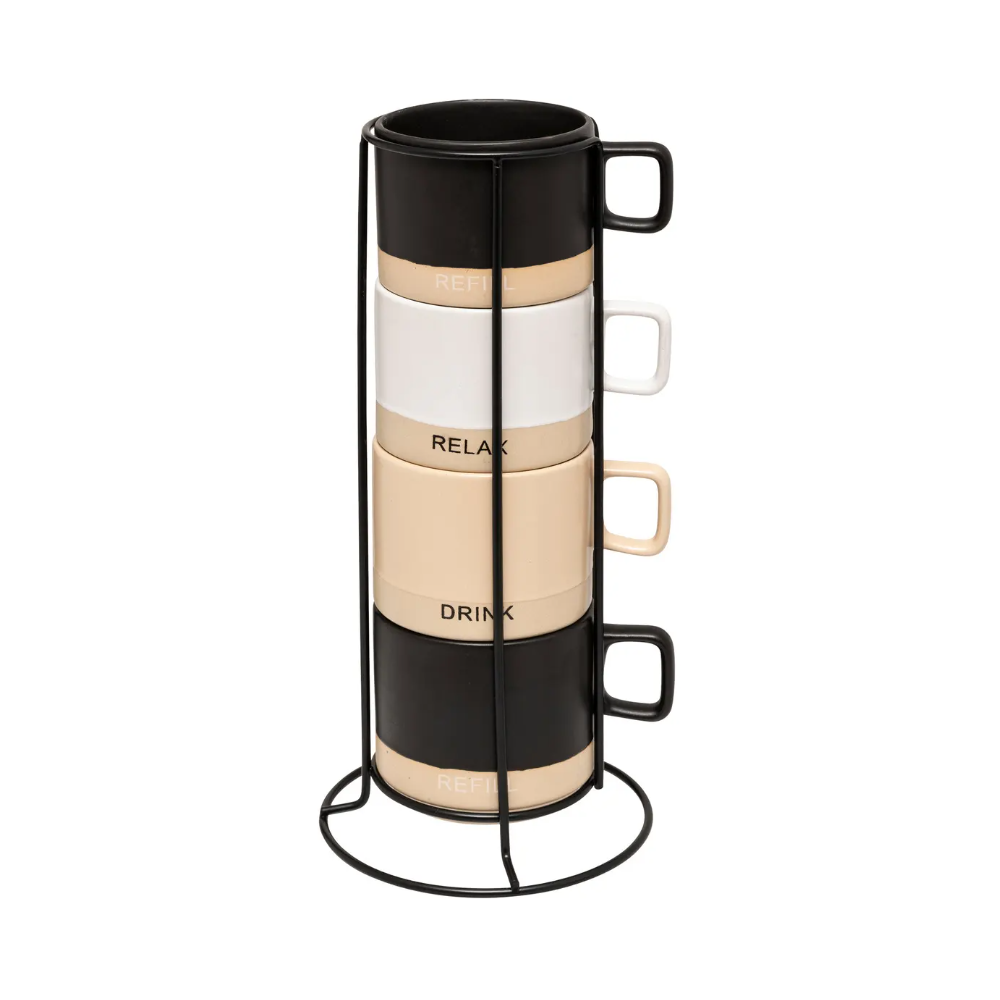 Set 4 cani Luca, ceramica, 240 ml, suport metalic vertical negru
