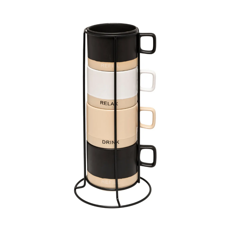 Set 4 cani Luca, ceramica, 240 ml, suport metalic vertical negru