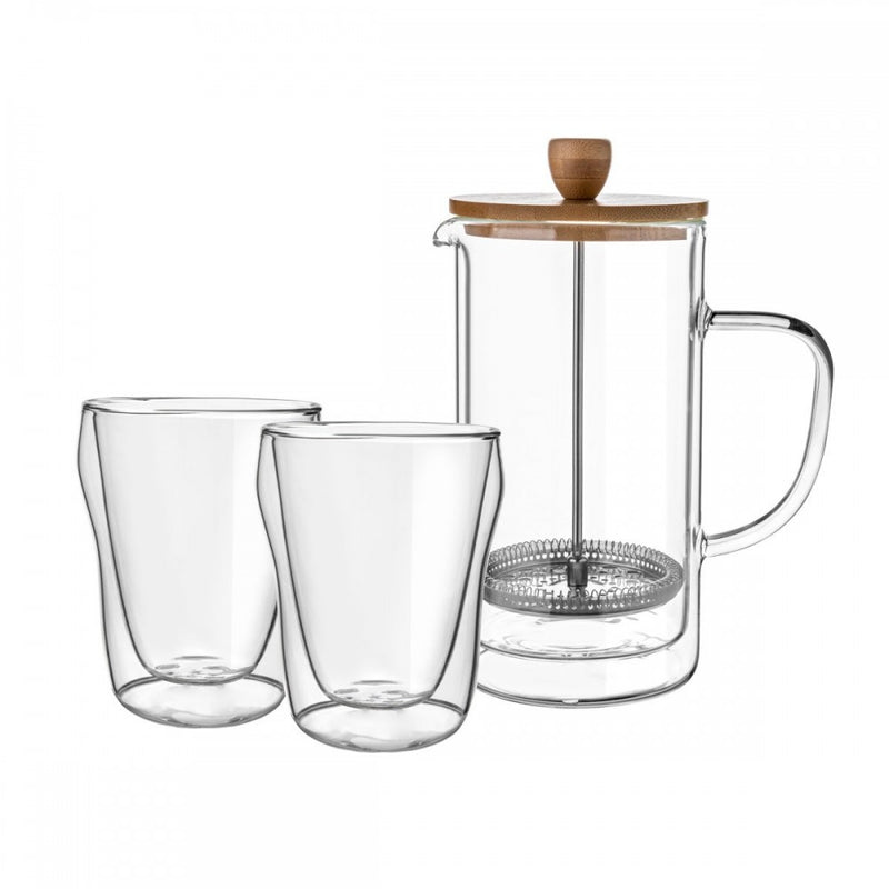 Set Infusor si 2 pahare Florina Malachit, sticla borosilicata, pereti dubli, 1 litru infusor, 320 ml pahar