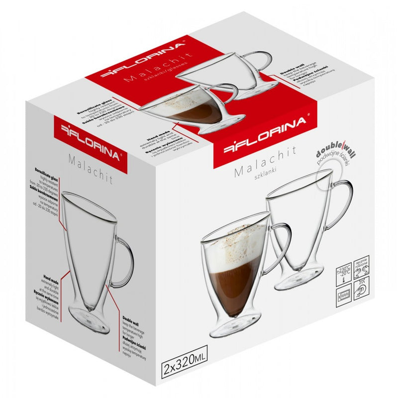 Set 2 cani Florina Malachit, sticla borosilicata, pereti dubli, 320 ml