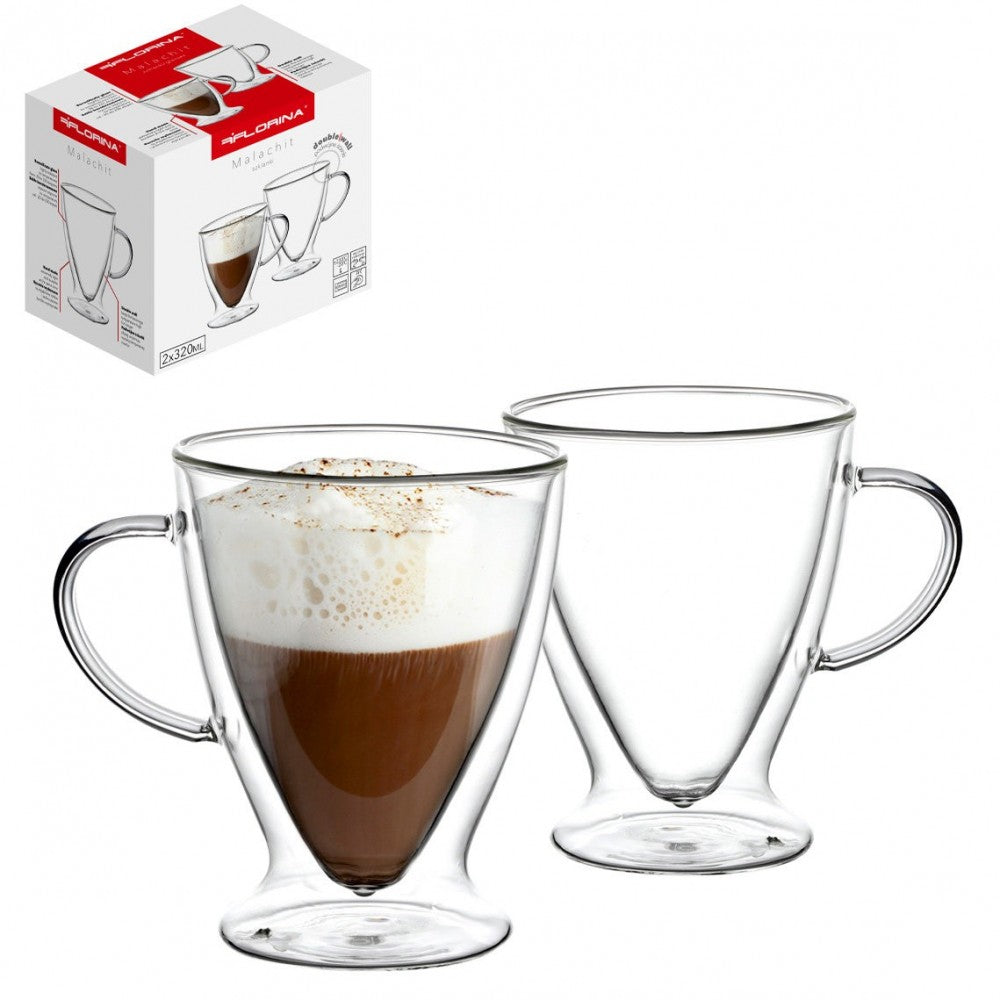 Set 2 cani Florina Malachit, sticla borosilicata, pereti dubli, 320 ml
