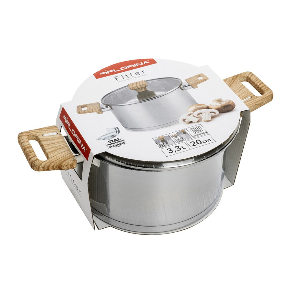 Cratita inox Florina Fitter, cu capac din sticla, 24 cm, 5.6 litri