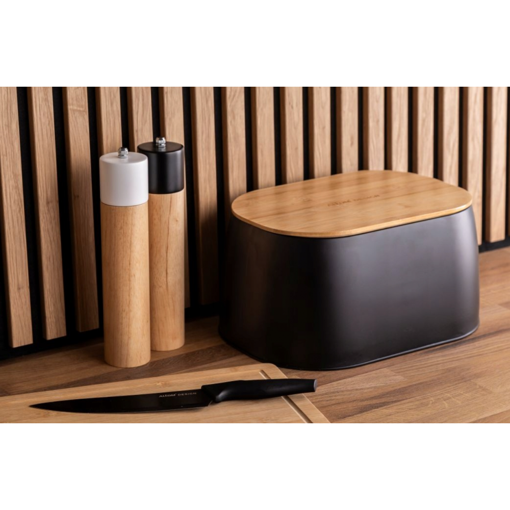 Cutie paine Altom, metal negru, capac bambus, 33,5x23,5x15,5 cm