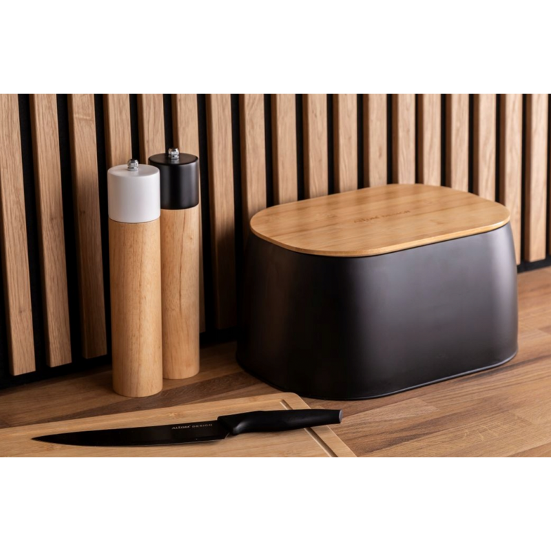 Cutie paine Altom, metal negru, capac bambus, 33,5x23,5x15,5 cm