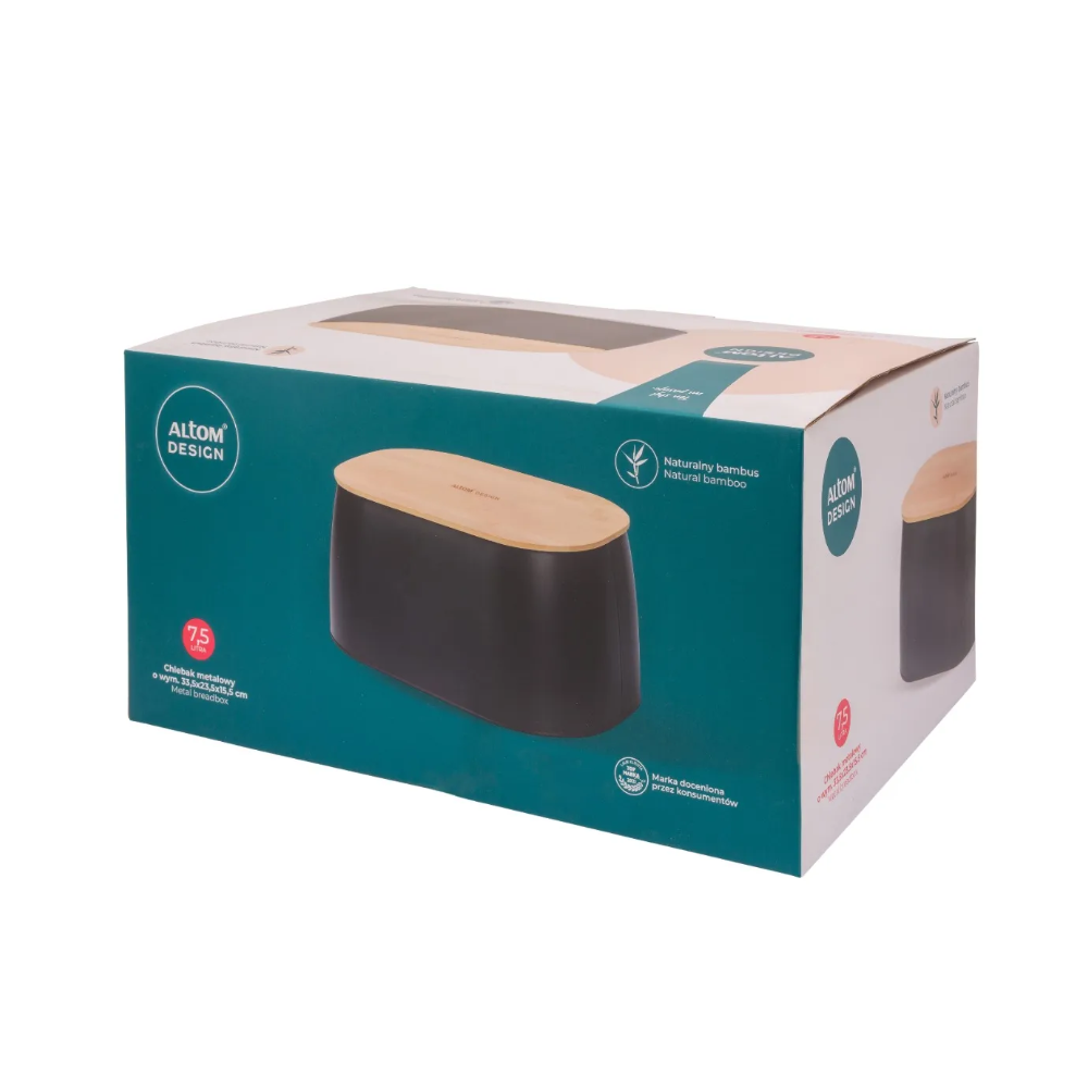 Cutie paine Altom, metal negru, capac bambus, 33,5x23,5x15,5 cm