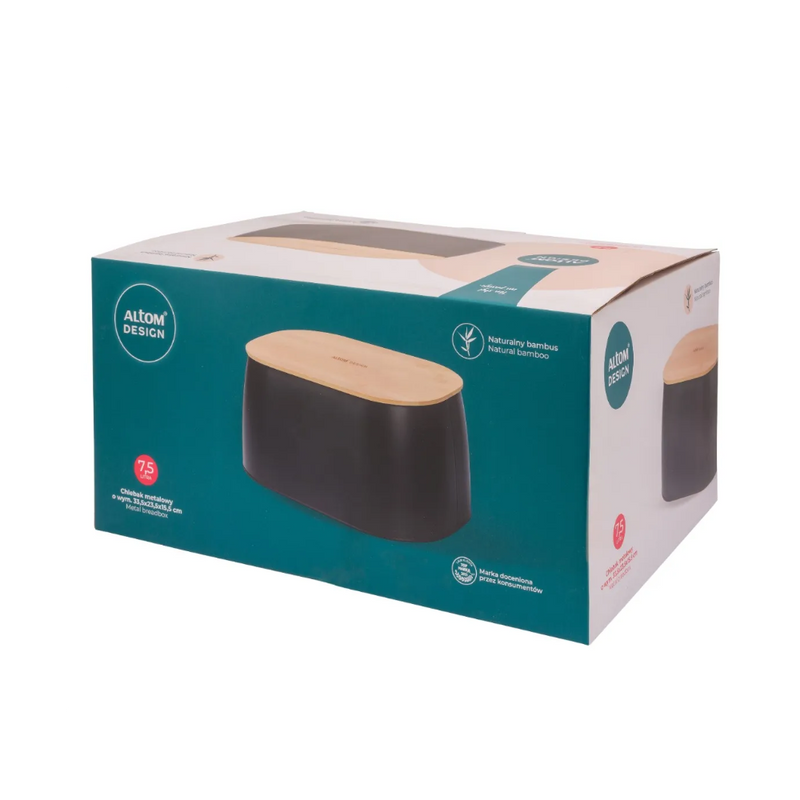 Cutie paine Altom, metal negru, capac bambus, 33,5x23,5x15,5 cm