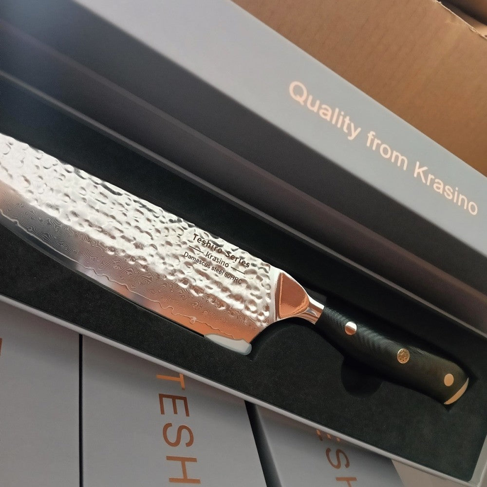 Cutitul bucatarului Teshiro, otel damasc 67 straturi, HRC 60, lungime lama 20 cm