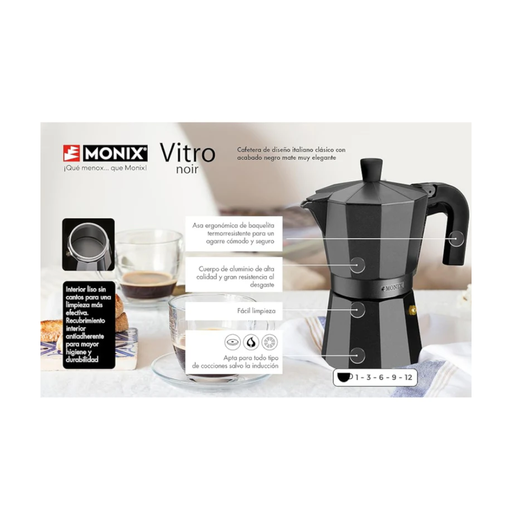 Espressor aragaz Monix Vitro, aluminiu, negru, 3 portii