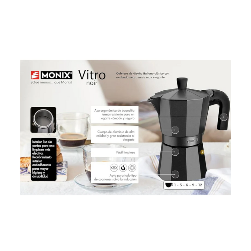 Espressor aragaz Monix Vitro, aluminiu, negru, 3 portii