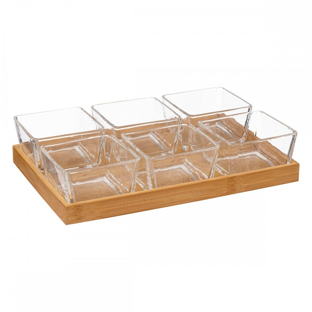 Set servire aperitiv Elke, sticla, bambus, 28.5 x 5.5 x H 19.5 cm