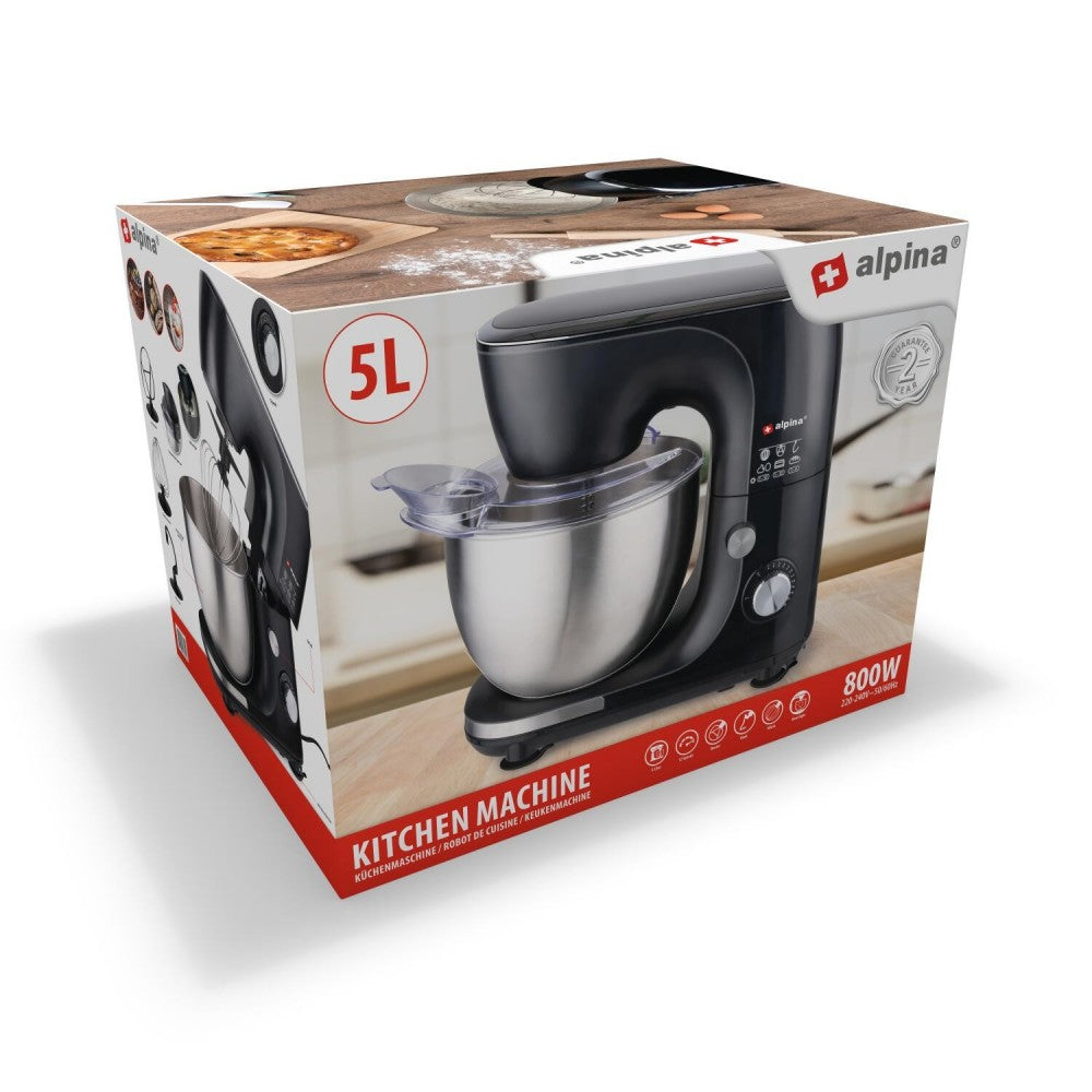 Mixer multifuctional Alpina, bol inox 5 litri, negru, 33.7 x 22.6 x 34.5 cm, 800 w