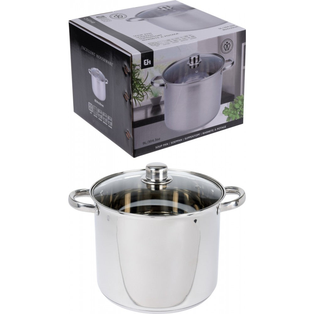 Oala cu capac sticla, 24x20 cm, inox, volum 9 litri