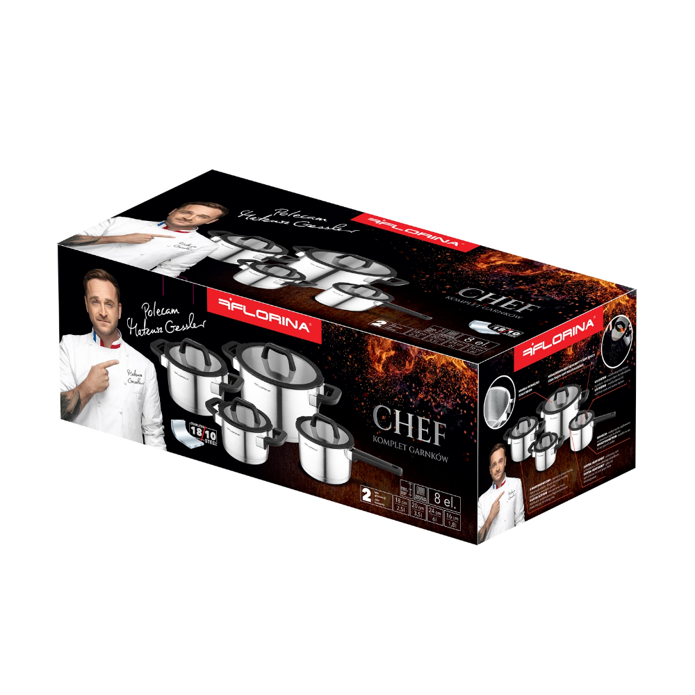 Set oale inox Florina Chef, inox, baza dubla, 16, 18, 20 si 24 cm, 1.8l, 2.5 l, 3.5l, 6 l