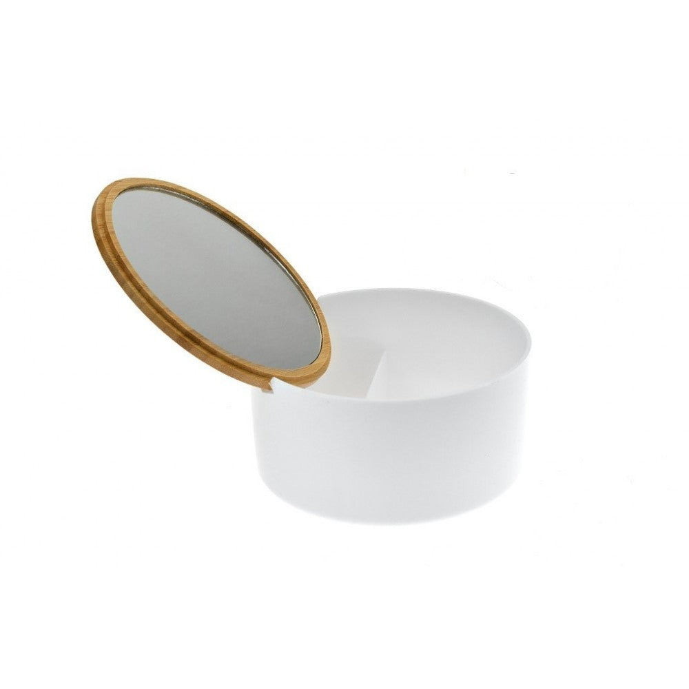 Organizator cosmetice cu oglinda, alb, rotund, 13x7 cm