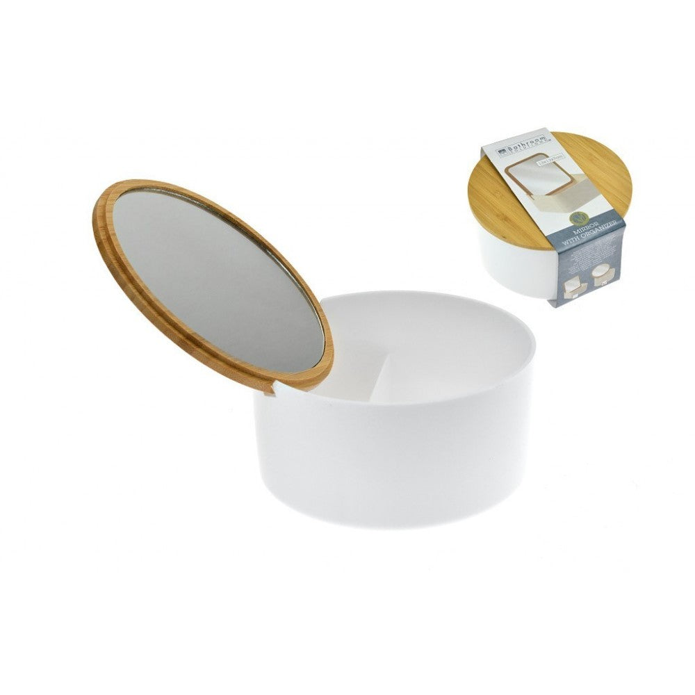 Organizator cosmetice cu oglinda, alb, rotund, 13x7 cm