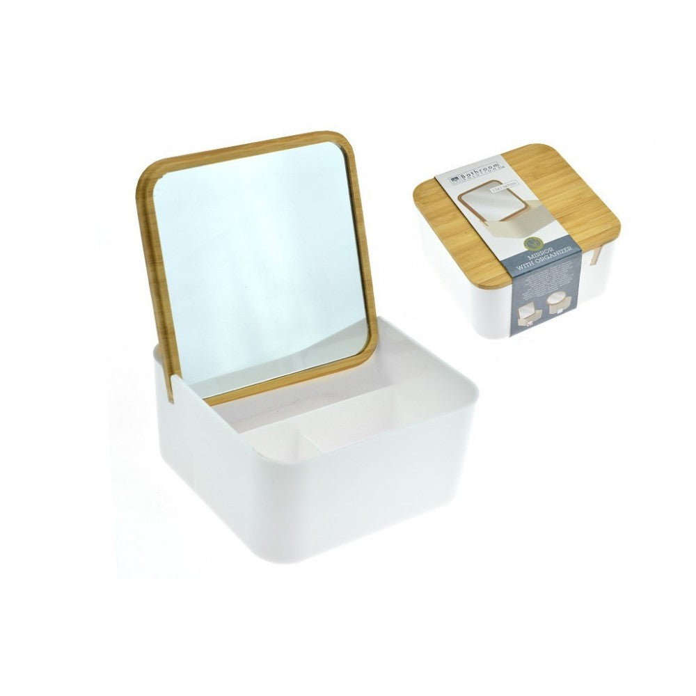 Organizator cosmetice cu oglinda, alb, patrat, 13x13x7 cm