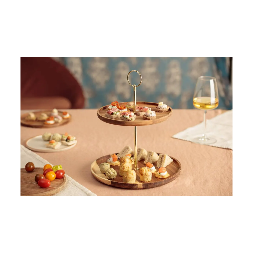 Platou etajat Gold Accacia, lemn, 2 nivele, 25 x H 29.7 cm