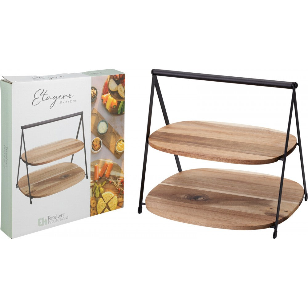 Platou serveire etajat Segovia, lemn, metal, 27 x 18 x 25 cm