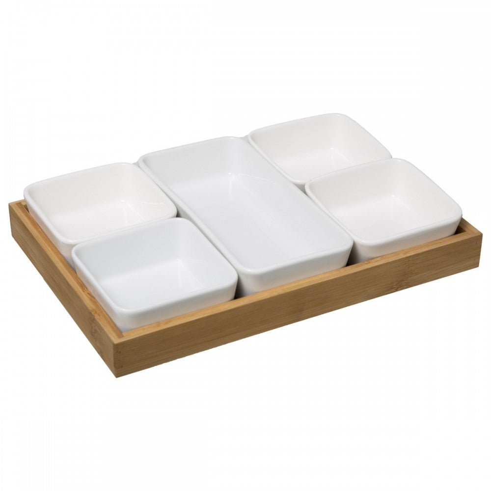 Platou aperitiv Maiken, portelan, bambus, 28 x 18.8 x H 4.2 cm
