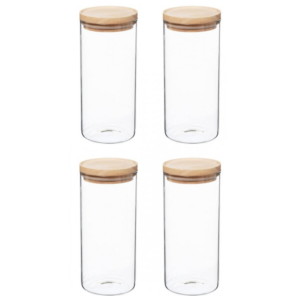 Set 4 recipiente 5Five Woods, 1600 ml, sticla borosilicata, capac lemn arbore de cauciuc, 10 x 27 cm