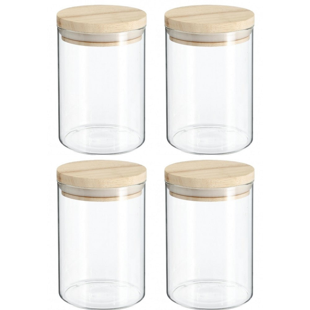 Set 4 recipiente 5Five Woods, 600 ml, sticla borosilicata, capac lemn arbore de cauciuc, 10 x H 14 cm