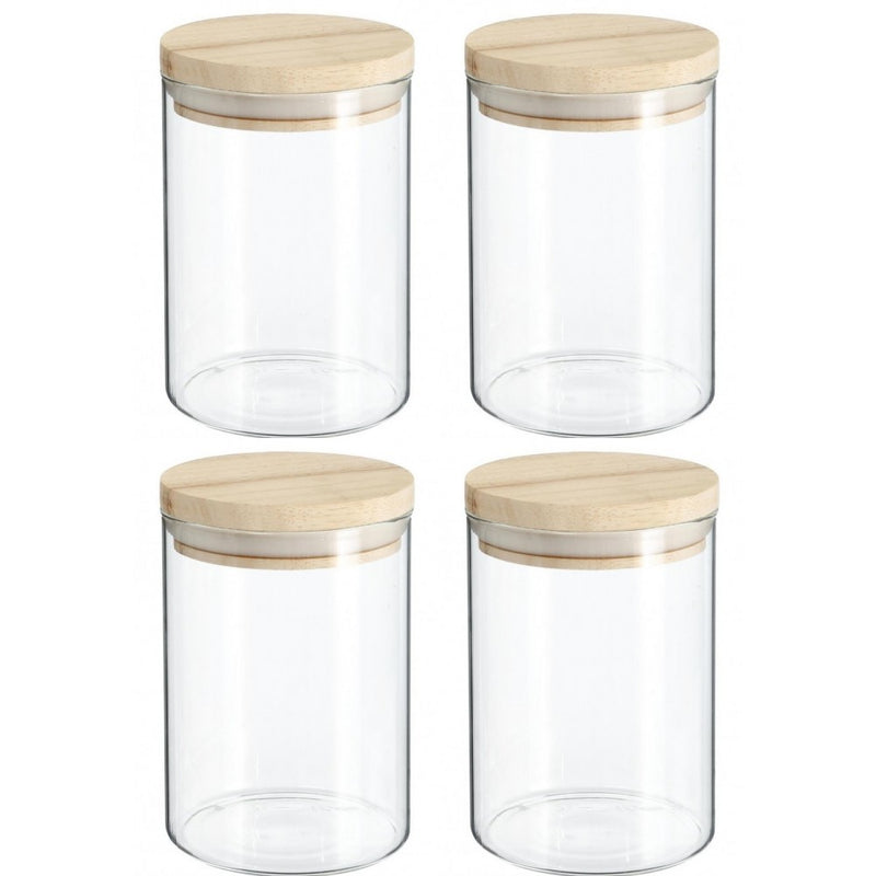 Set 4 recipiente 5Five Woods, 600 ml, sticla borosilicata, capac lemn arbore de cauciuc, 10 x H 14 cm