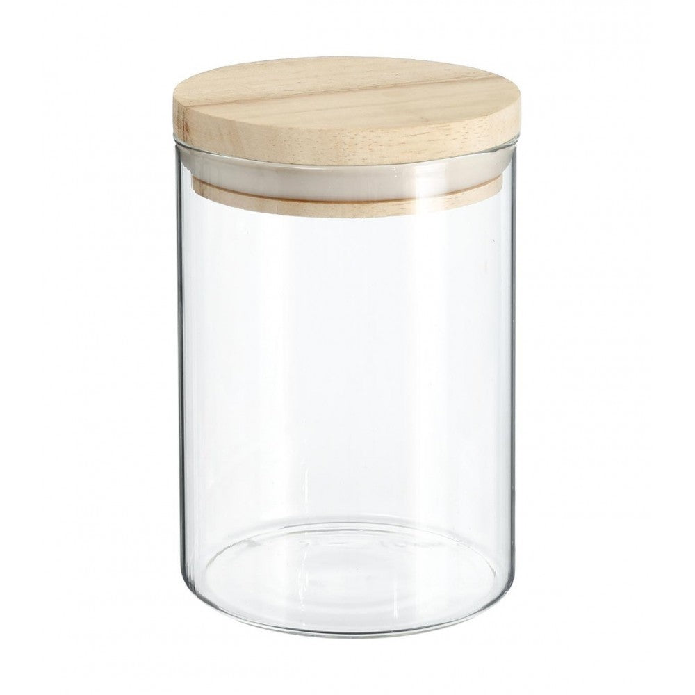 Recipient 5Five Woods, 600 ml, sticla borosilicata, capac lemn arbore de cauciuc, 10 x H 14 cm