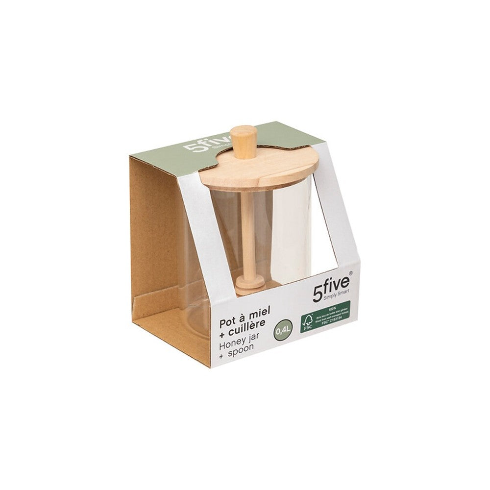 Recipient miere, sticla, capac bambus, 8.5 x H 12.8 cm