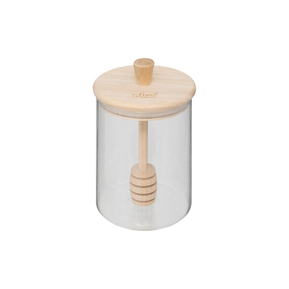 Recipient miere, sticla, capac bambus, 8.5 x H 12.8 cm