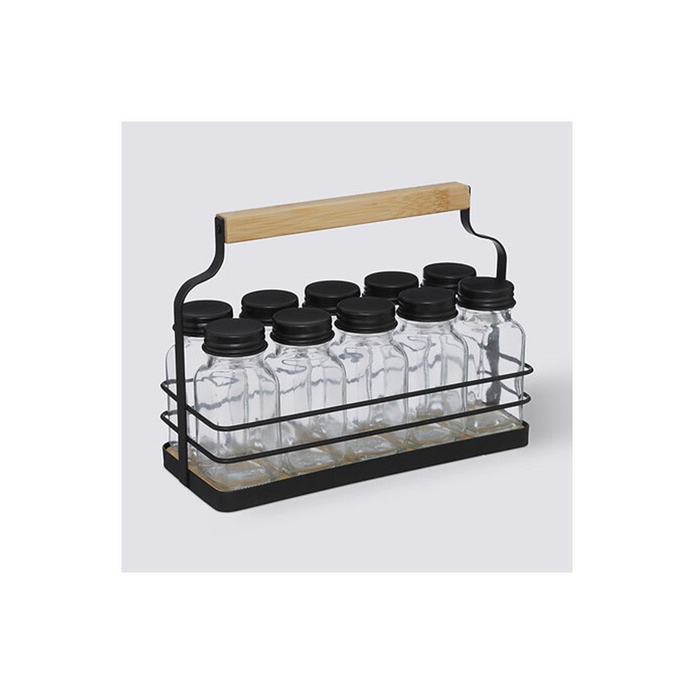 Set 10 recipiente Gortex, pentru condimente, in suport, sticla, metal negru, 21.5 x 9 x H 16 cm