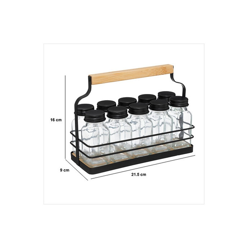 Set 10 recipiente Gortex, pentru condimente, in suport, sticla, metal negru, 21.5 x 9 x H 16 cm