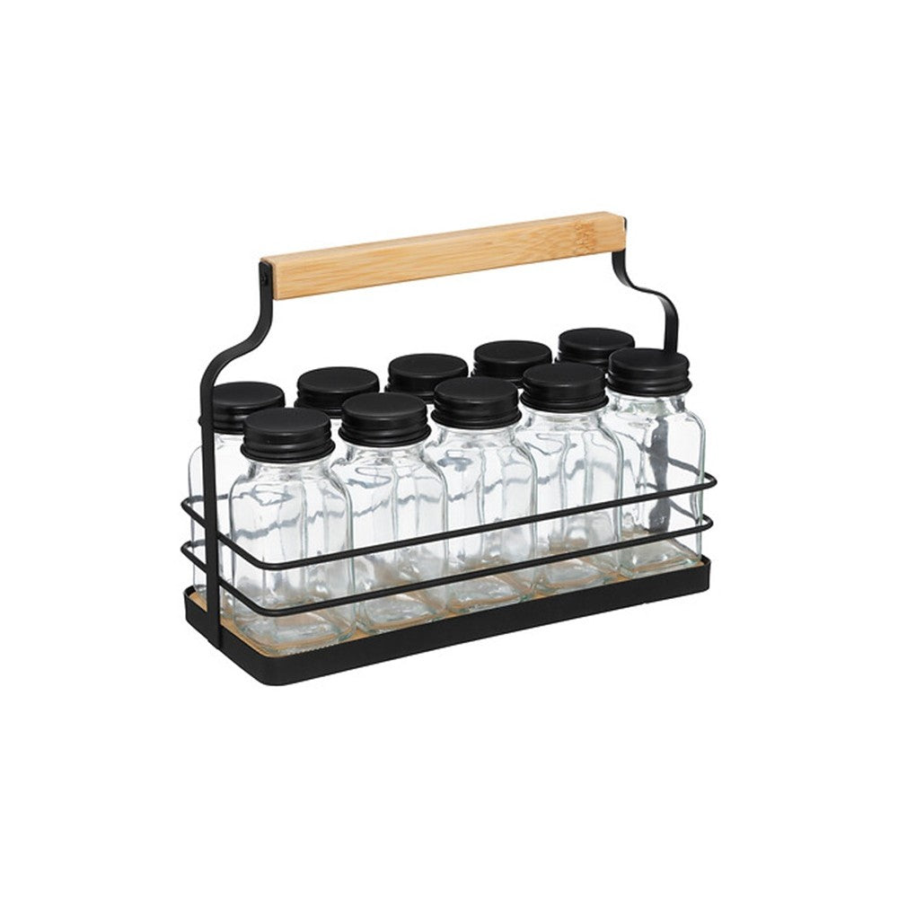Set 10 recipiente Gortex, pentru condimente, in suport, sticla, metal negru, 21.5 x 9 x H 16 cm
