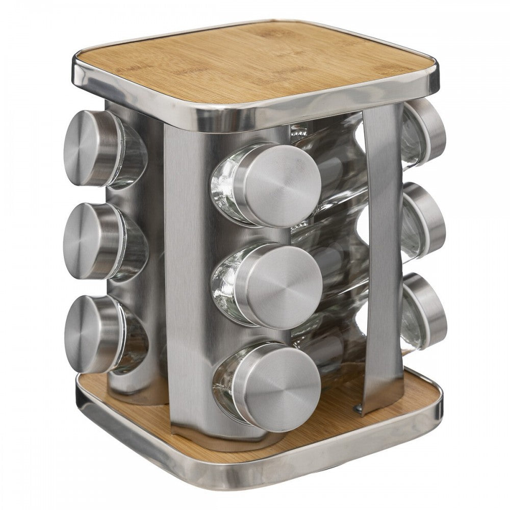 Set 12 recipiente condimente Altero, inox, bambus, sticla, 17 x H 22.9 cm