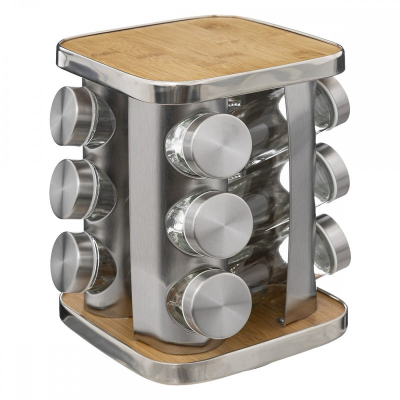 Set 12 recipiente condimente Altero, inox, bambus, sticla, 17 x H 22.9 cm
