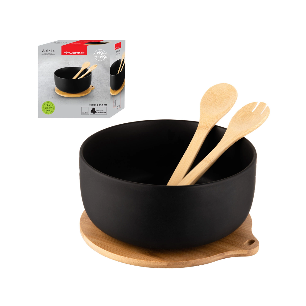 Bol Adria Black, portelan, baza bambus, set 2 linguri, 25 x 11 cm