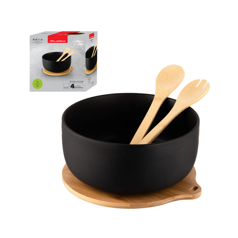 Bol Adria Black, portelan, baza bambus, set 2 linguri, 25 x 11 cm