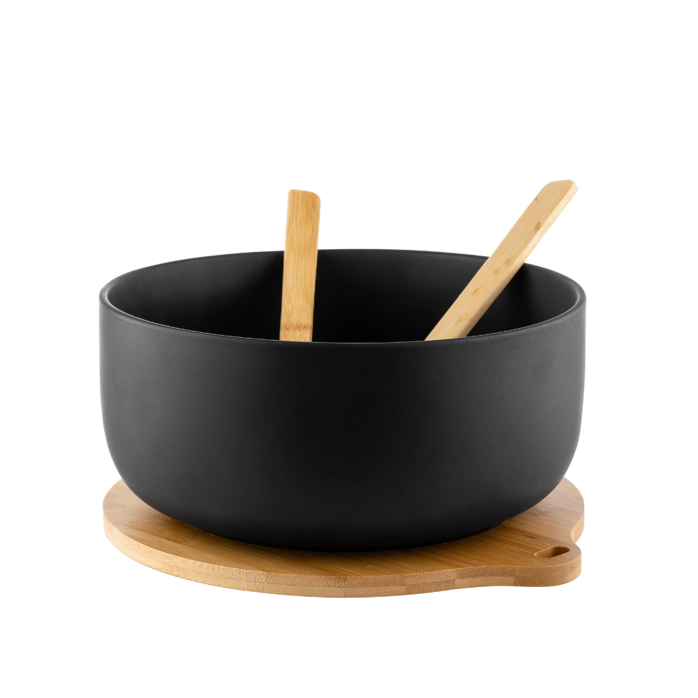 Bol Adria Black, portelan, baza bambus, set 2 linguri, 25 x 11 cm