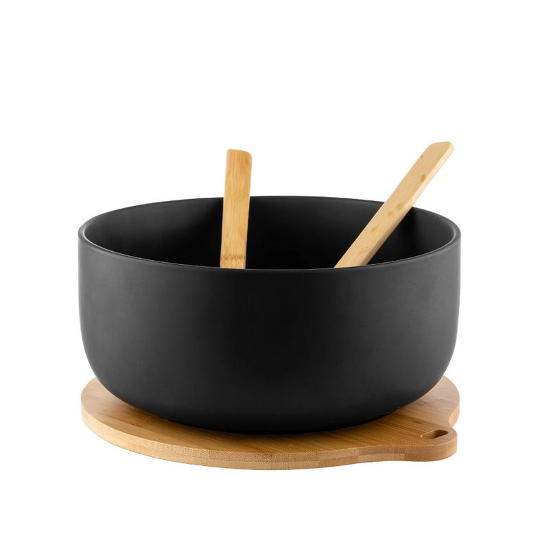 Bol Adria Black, portelan, baza bambus, set 2 linguri, 25 x 11 cm