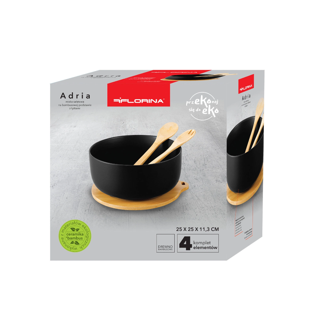 Bol Adria Black, portelan, baza bambus, set 2 linguri, 25 x 11 cm