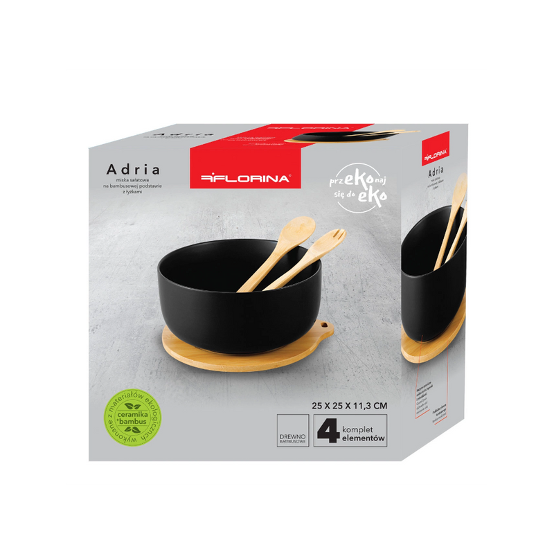 Bol Adria Black, portelan, baza bambus, set 2 linguri, 25 x 11 cm