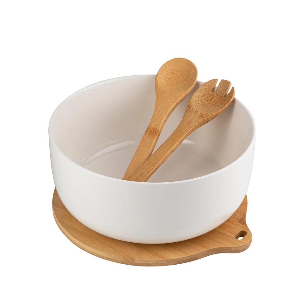 Bol Adria, portelan, alb, baza bambus, set 2 linguri, 25 x 11 cm