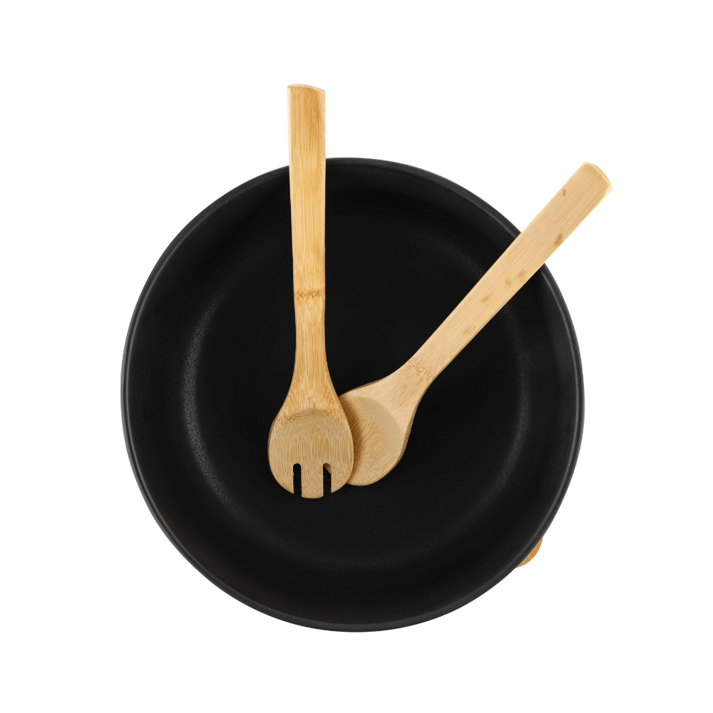 Bol Adria Black, portelan, baza bambus, set 2 linguri, 25 x 11 cm