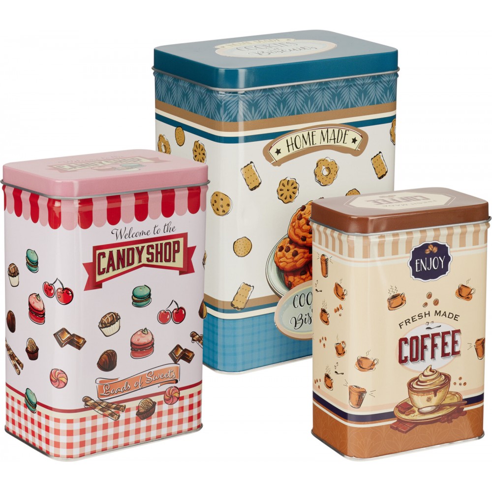 Set 3 recipiente depozitare EH multicolor, pentru cafea, bomboane si biscuiti, metal