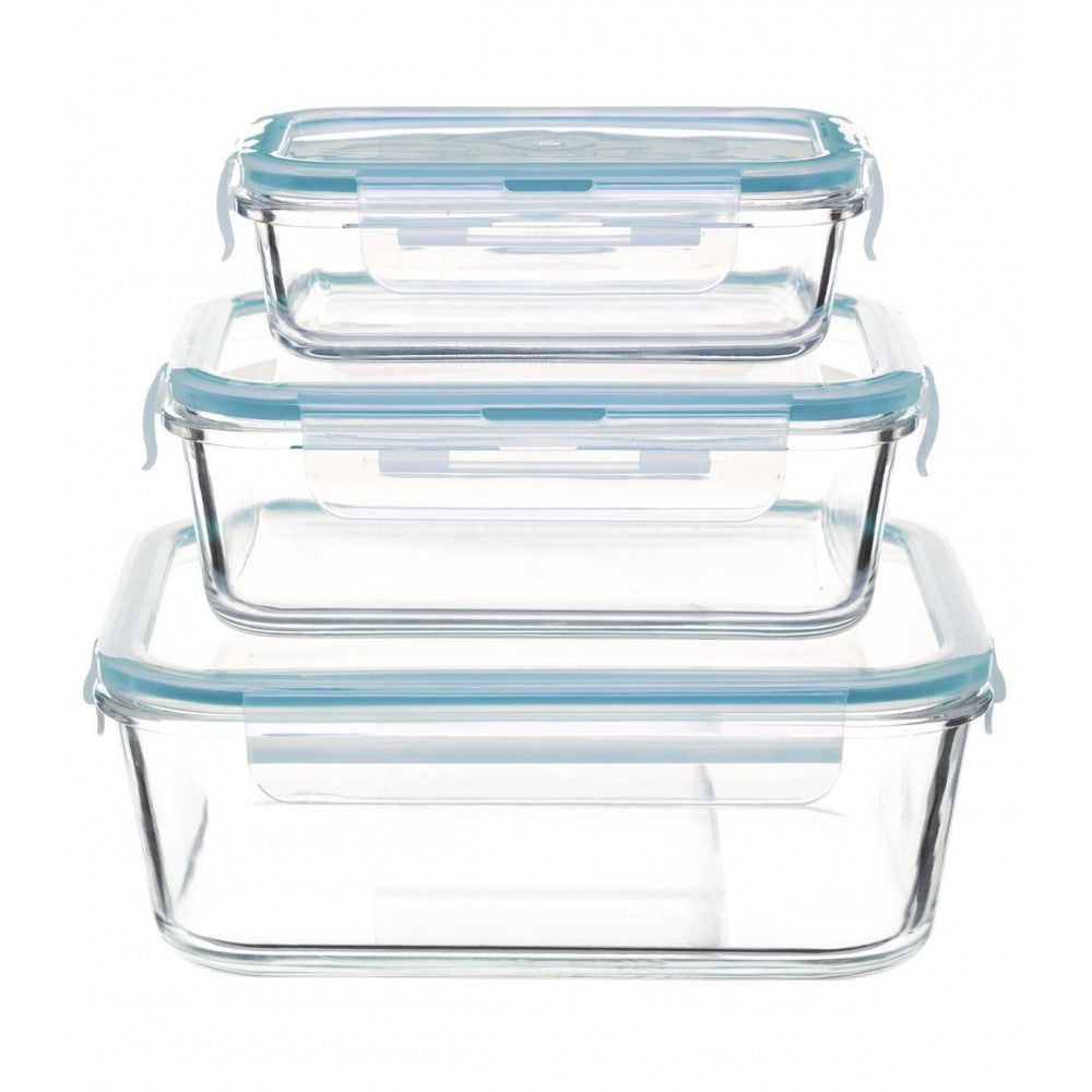 Set 3 cutii alimentare, 5five, patrate, sticla, inchidere ermetica