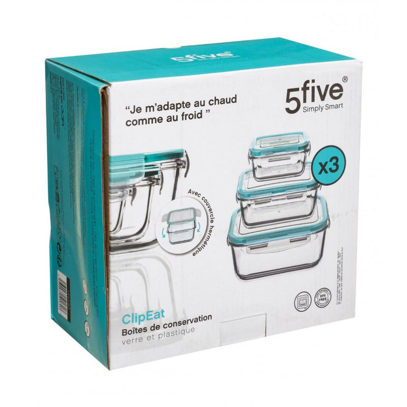 Set 3 cutii alimentare, 5five, patrate, sticla, inchidere ermetica
