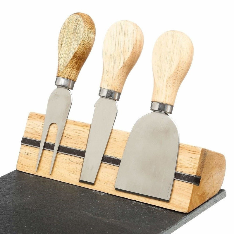 Set 3 x cutite branzeturi + blat pentru servire, Secret de Gourmet, Otel inoxidabil/Piatra/Lemn, Negru