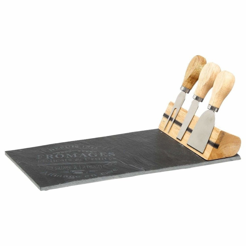 Set 3 x cutite branzeturi + blat pentru servire, Secret de Gourmet, Otel inoxidabil/Piatra/Lemn, Negru